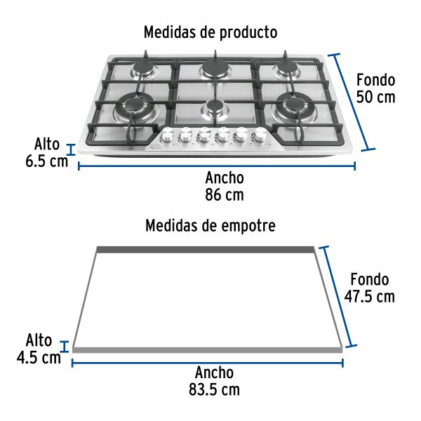 48315 - Parrilla gas empotrable 90cm, 6 quem, acero inox, Riviera
