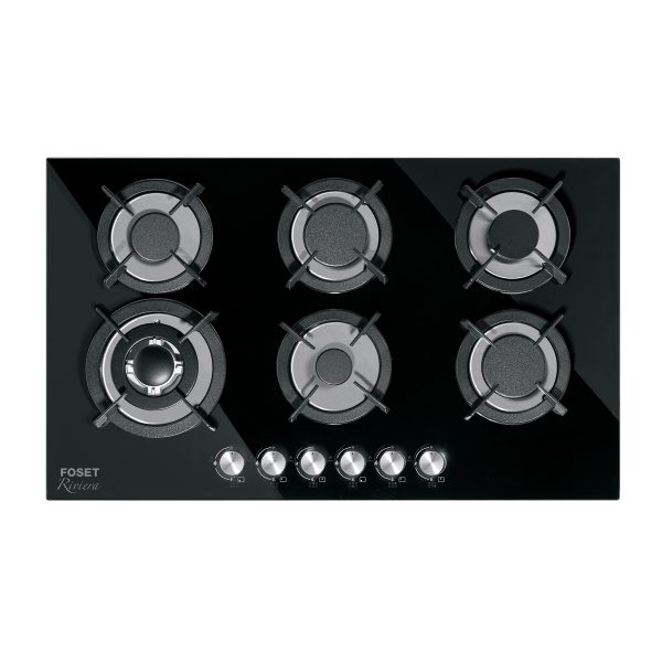 46247 - Parrilla gas empotrable 90cm, 6 quem, vidrio negro, Riviera