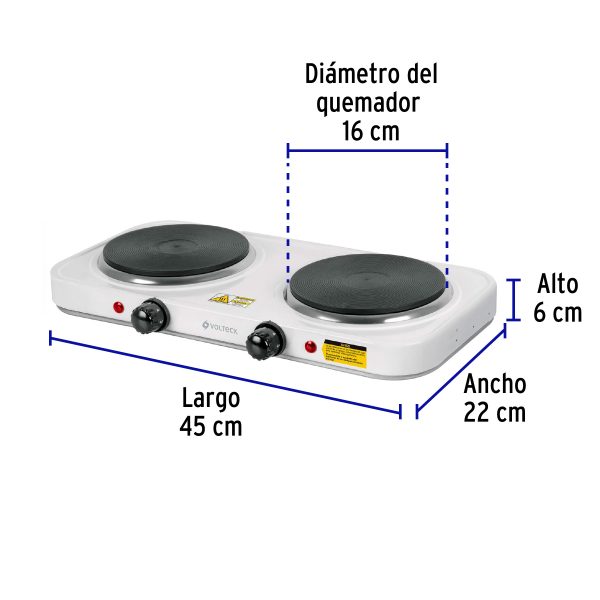 49990 - Parrilla eléctrica 2 quemadores de disco, blanca, VOLTECK