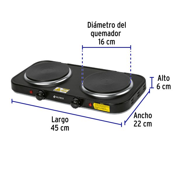 47553 - Parrilla eléctrica 2 quemadores de disco, negra, VOLTECK