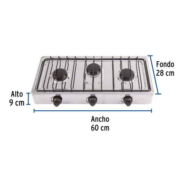47920 - Parrilla de gas de sobreponer 3 quemadores, inox, Foset