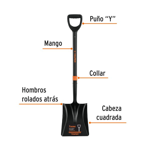 102457 - Pala cuadrada T-2000, puño 'Y' mango fibra de vidrio, Truper