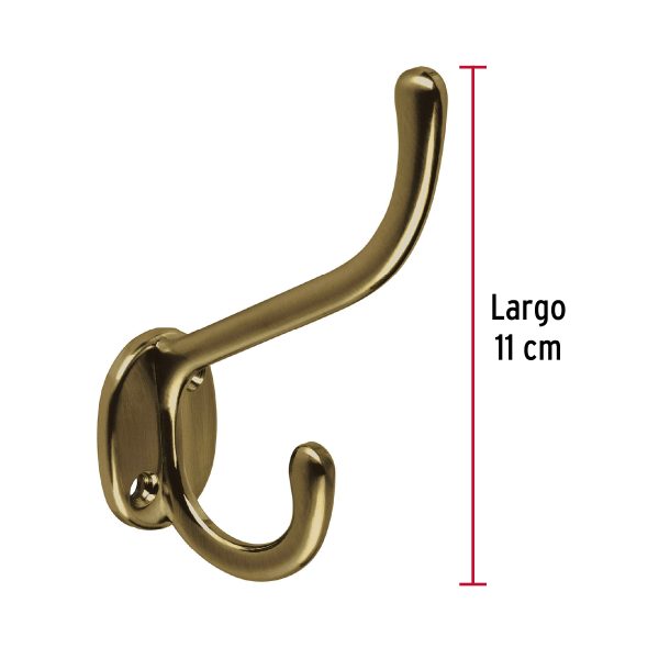 48355 - Gancho doble largo y corto tipo perchero, latón antiguo