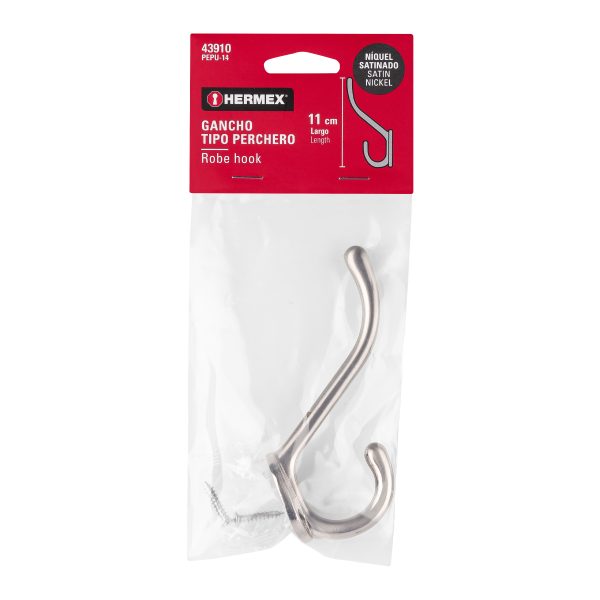 43910 - Gancho doble largo y corto tipo perchero, niquel satinado