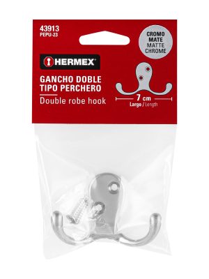 43913 - Gancho doble tipo perchero, cromo mate, HERMEX
