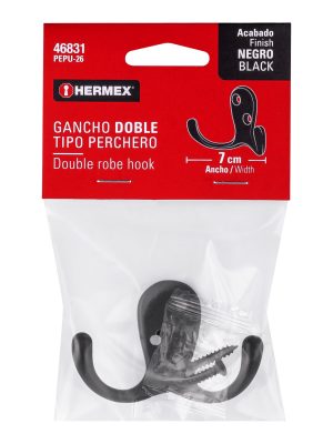 46831 - Gancho doble tipo perchero, negro, HERMEX
