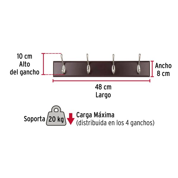49624 - Perchero para pared con 4 ganchos satinados, HERMEX