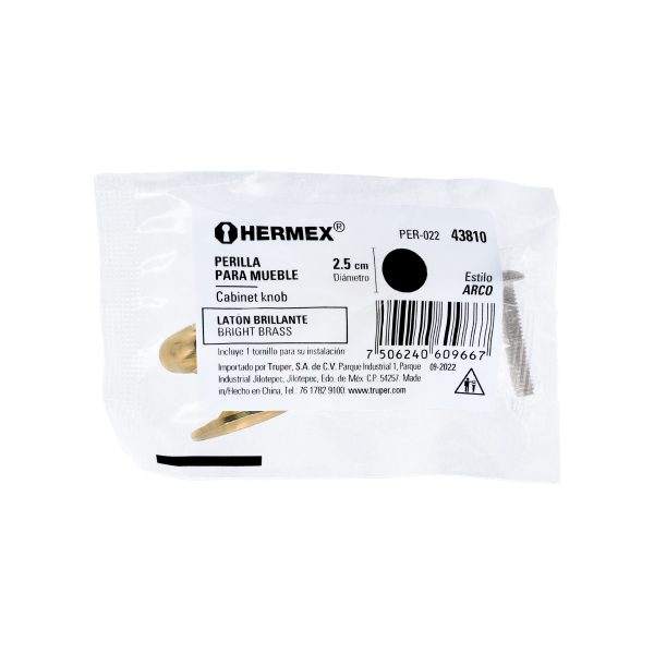 43810 - Perilla metálica estilo 'Arco', latón brillante, HERMEX