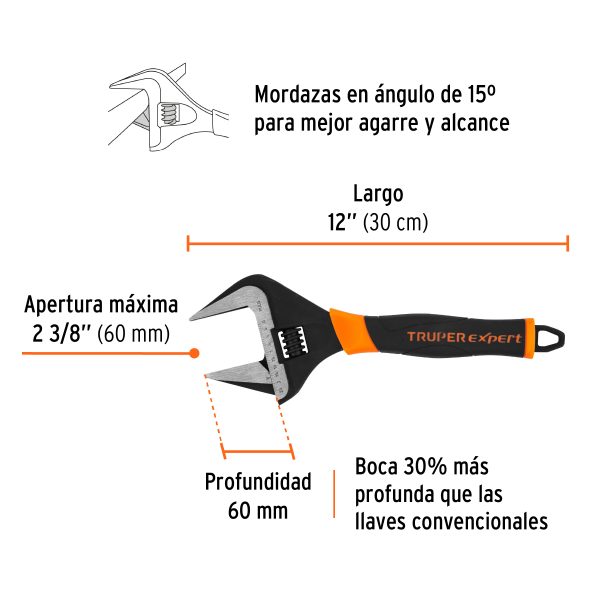 101036 - Llave ajustable (perico) 12' boca ancha Comfort Grip, Expert