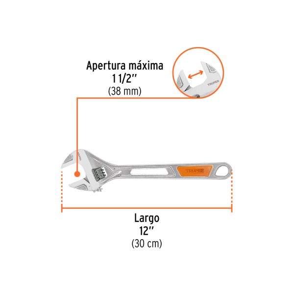 15512 - Llave ajustable (perico) 12' cromada mango de PVC, Truper