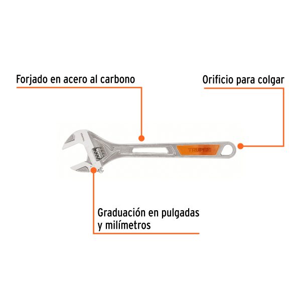 100048 - Llave ajustable (perico) 15' cromada mango de PVC, Truper