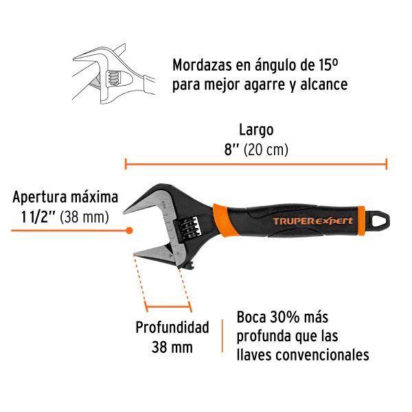 101034 - Llave ajustable (perico) 8' boca ancha Comfort Grip, Expert