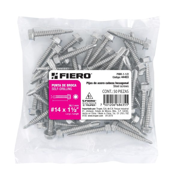 44403 - Bolsa con 50 pijas 1-1/2' cabeza hexagonal, punta de broca