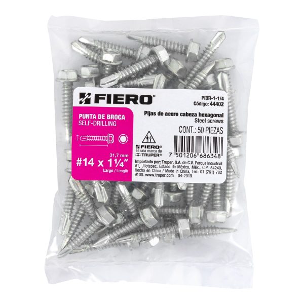 44402 - Bolsa con 50 pijas 1-1/4' cabeza hexagonal, punta de broca