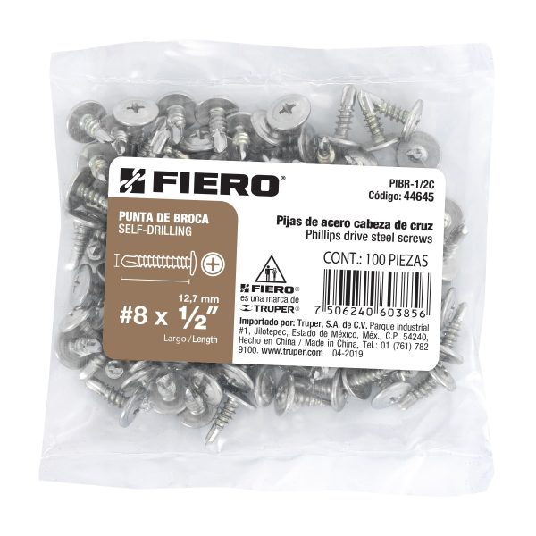 44645 - Bolsa con 100 pijas cabeza cruz, punta de broca 1/2', Fiero