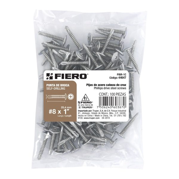 44647 - Bolsa con 100 pijas cabeza cruz, punta de broca 1', Fiero