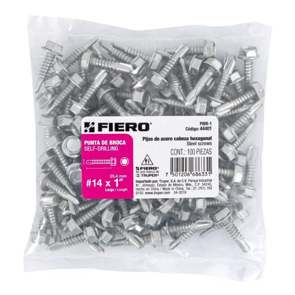 44401 - Bolsa con 100 pijas 1' cabeza hexagonal, punta de broca