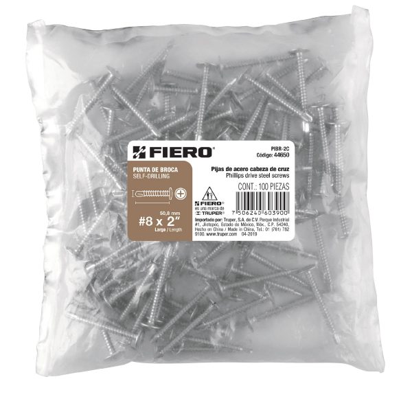 44650 - Bolsa con 100 pijas cabeza cruz, punta de broca 2', Fiero
