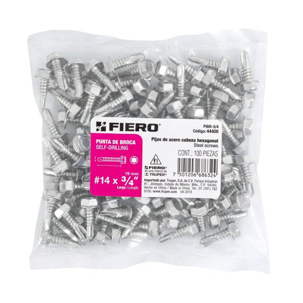 44400 - Bolsa con 100 pijas 3/4' cabeza hexagonal, punta de broca