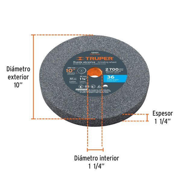 12401 - Rueda abrasiva p/esmeril 10'x32mm, óxido aluminio, grano 36