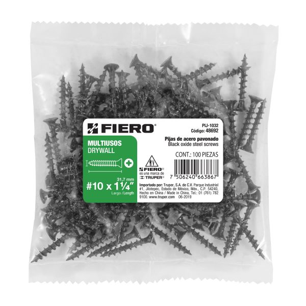 48692 - Bolsa con 100 pijas #10' x 1-1/4' multiusos, Fiero