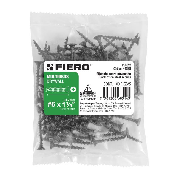 44338 - Bolsa con 100 pijas #6 x 1-1/4' multiusos, Fiero