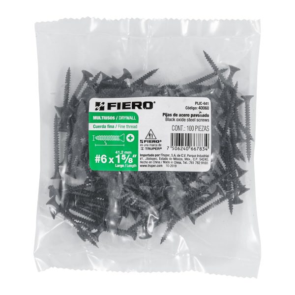 40060 - Bolsa con 100 pijas #6 x 1-5/8' multiusos cuerda fina, Fiero