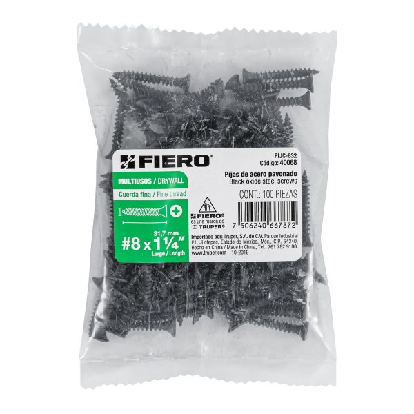 40068 - Bolsa con 100 pijas #8 x 1-1/4' multiusos cuerda fina, Fiero