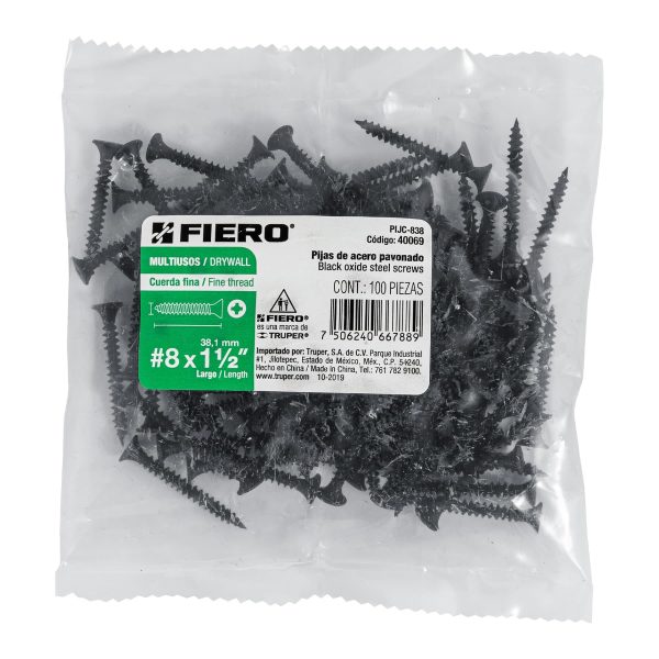 40069 - Bolsa con 100 pijas #8 x 1-1/2' multiusos cuerda fina, Fiero