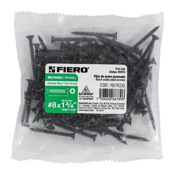 40070 - Bolsa con 100 pijas #8 x 1-3/4' multiusos cuerda fina, Fiero