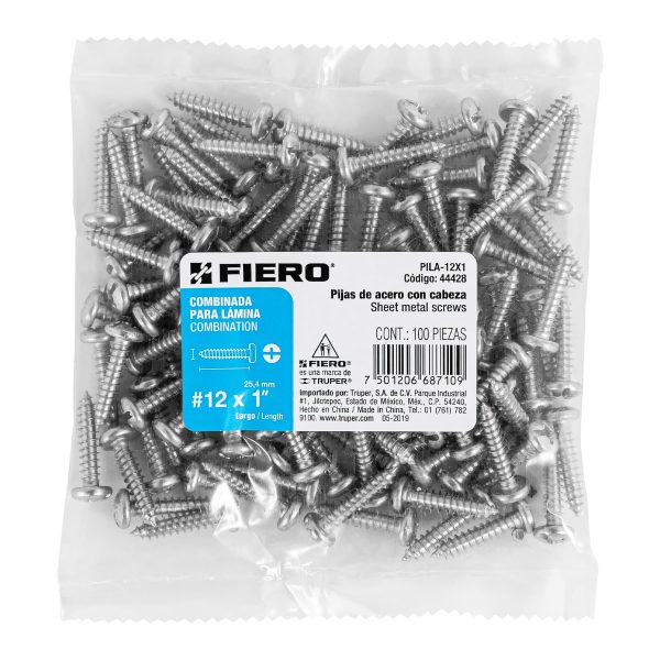 44428 - Bolsa con 100 pijas para lámina, #12 x 1', Fiero