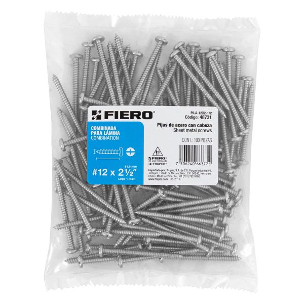 48731 - Bolsa con 100 pijas para lámina, #12 x 2-1/2', Fiero