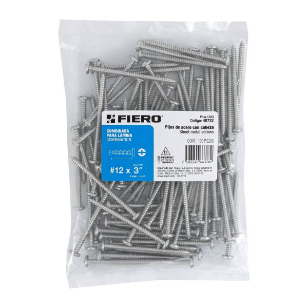 48732 - Bolsa con 100 pijas para lámina, #12 x 3', Fiero
