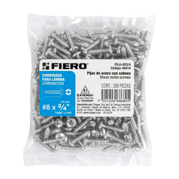 44414 - Bolsa con 200 pijas para lámina, #8 x 3/4', Fiero