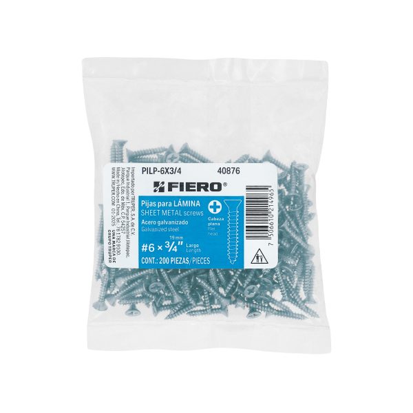40876 - Bolsa 200 pijas para lámina cabeza plana #6 x 3/4', FIERO