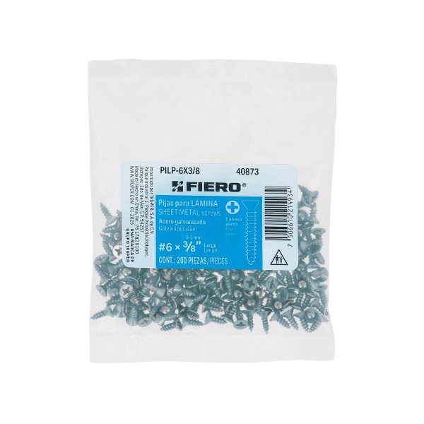 40873 - Bolsa 200 pijas para lámina cabeza plana #6 x 3/8', FIERO