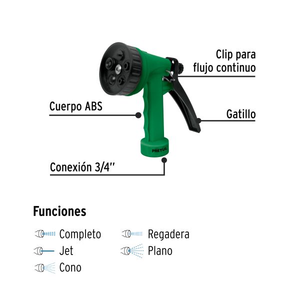 27014 - Pistola para riego de 5 funciones plástica, a granel, Pretul