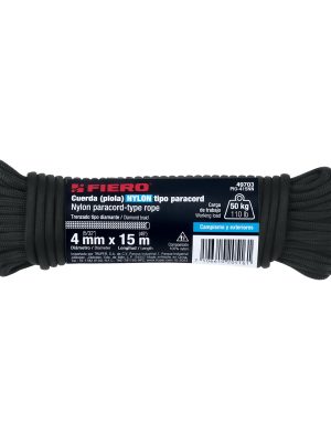 49703 - Piola de nylon paracord de 4mm x 15m negro, madeja, FIERO