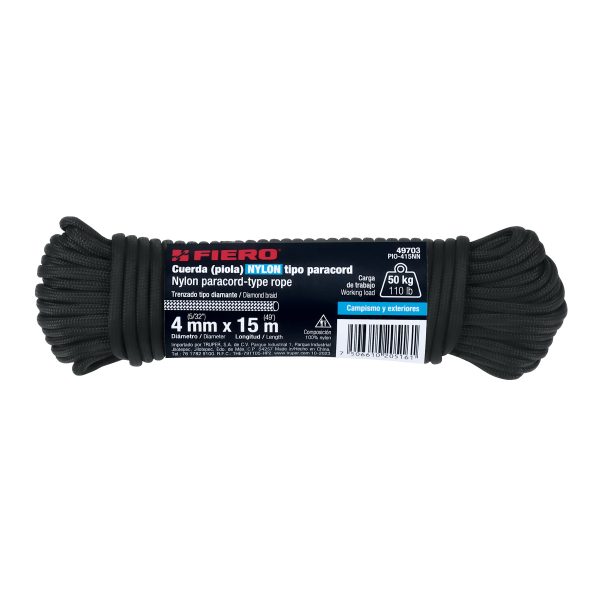 49703 - Piola de nylon paracord de 4mm x 15m negro, madeja, FIERO