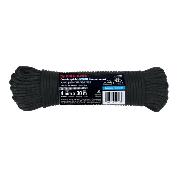 49704 - Piola de nylon paracord de 4mm x 30m negro, madeja, FIERO