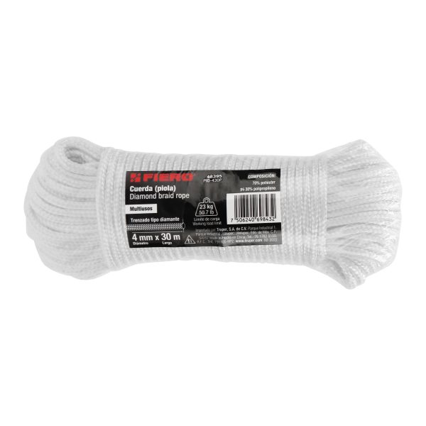 48395 - Piola de poliéster diamante de 4mmx30m blanca, madeja, FIERO