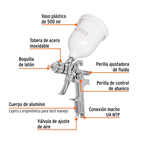 12129 - Pistola p/pintar gravedad HVLP vaso plástico, 1.7 mm, Truper
