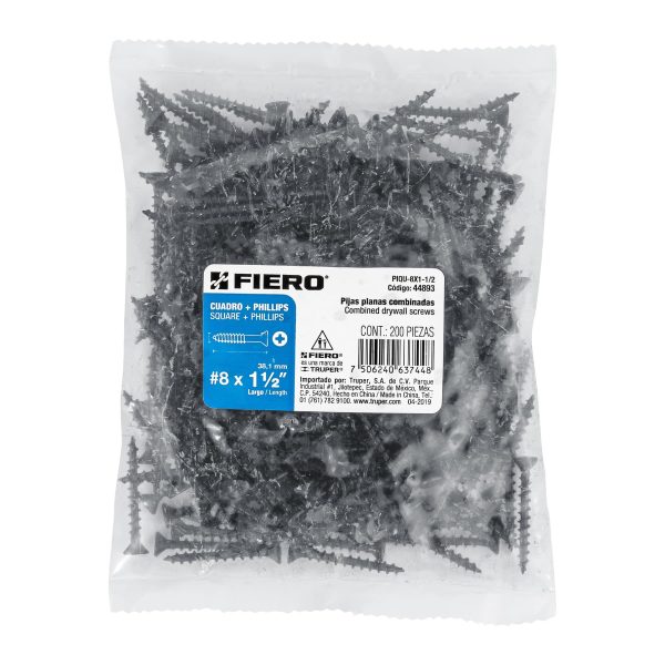 44893 - Bolsa con 200 pijas #8 x 1-1/2' combinadas (cuadro+Phillips)