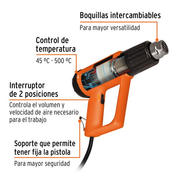16432 - Pistola de calor 2000W con 9 accesorios, TRUPER PRO