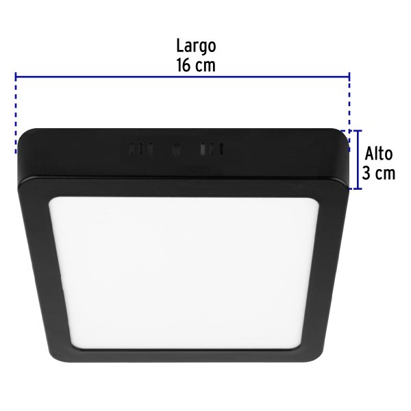 47416 - Luminario LED tipo plafón 12 W, cuadrado, luz de día, negro