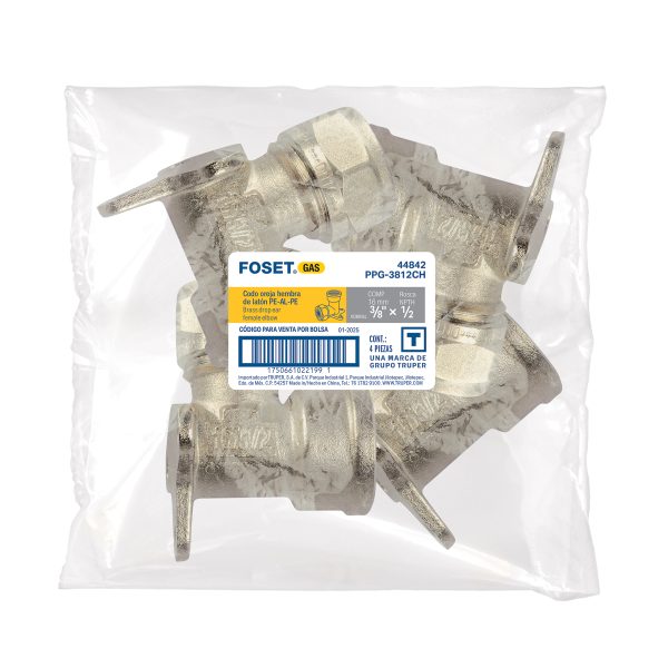 44842 - Codo oreja 90° para PEALPE, 3/8x1/2',con rosca hembra, Foset