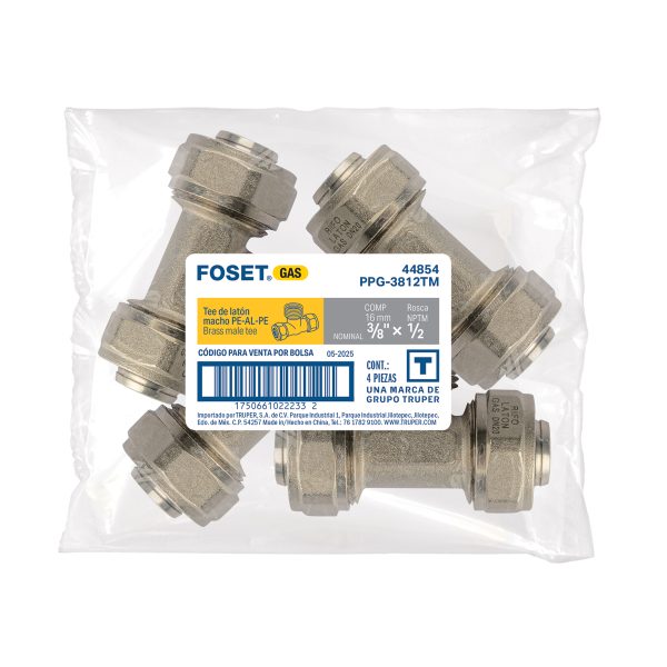 44854 - Tee macho para PEALPE, 3/8x1/2x3/8', Foset