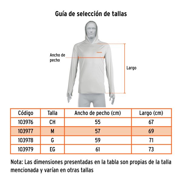 103977 - Playera protección solar,m. larga, c/gorro,hombre,M, TRUPER