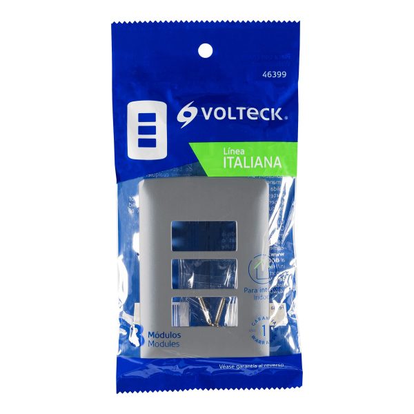 46399 - Placa 3 módulos de ABS, línea italiana, color plata, Volteck