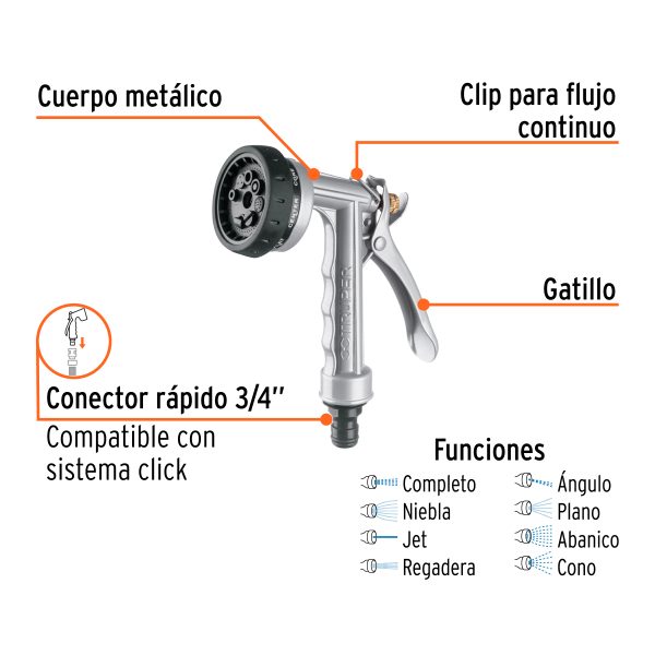 17481 - Pistola para riego de 8 funciones metálica, Truper